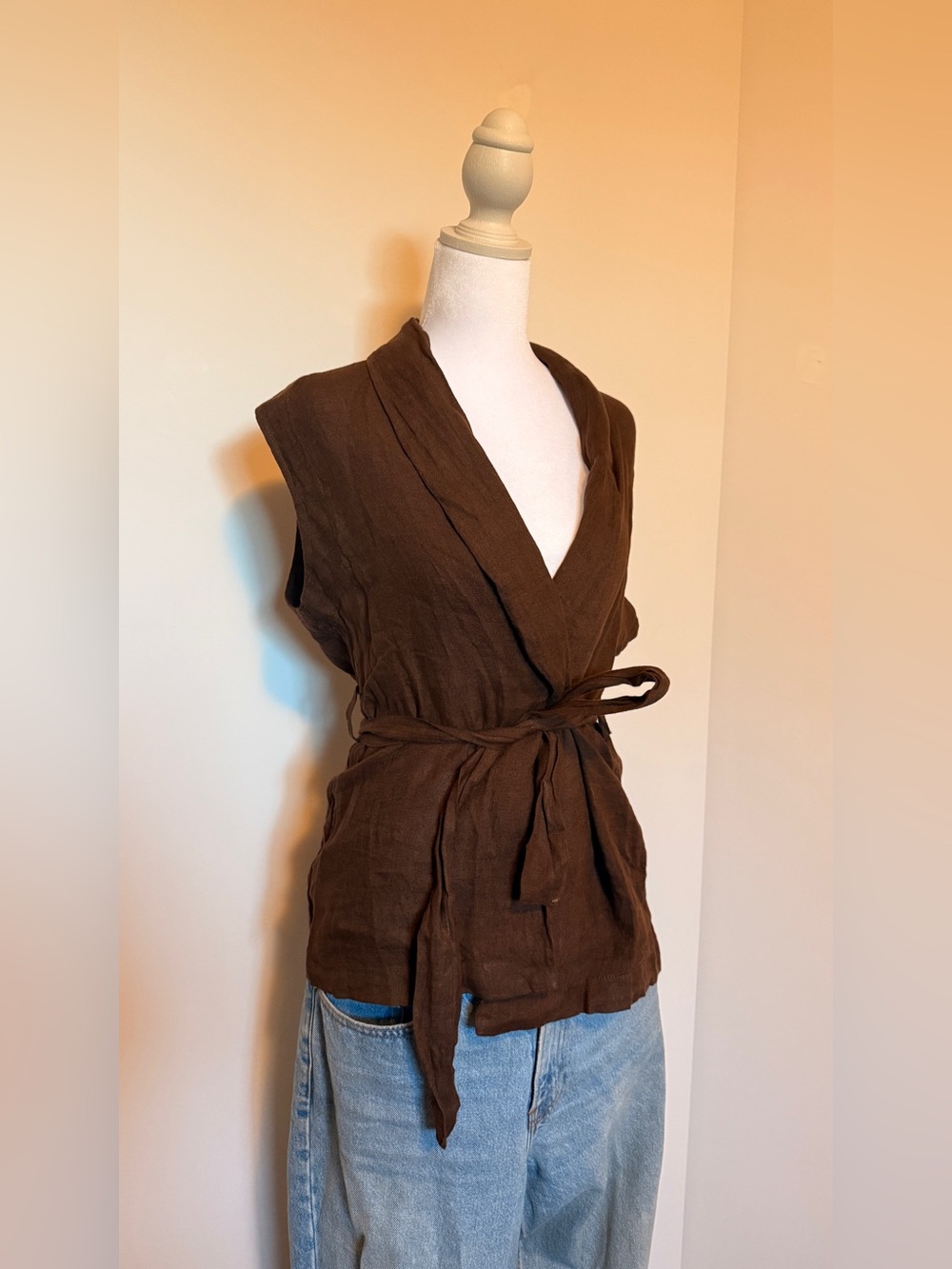 Pistache 100% Brown Tie-Waist Sleeveless Wrap Top - Women